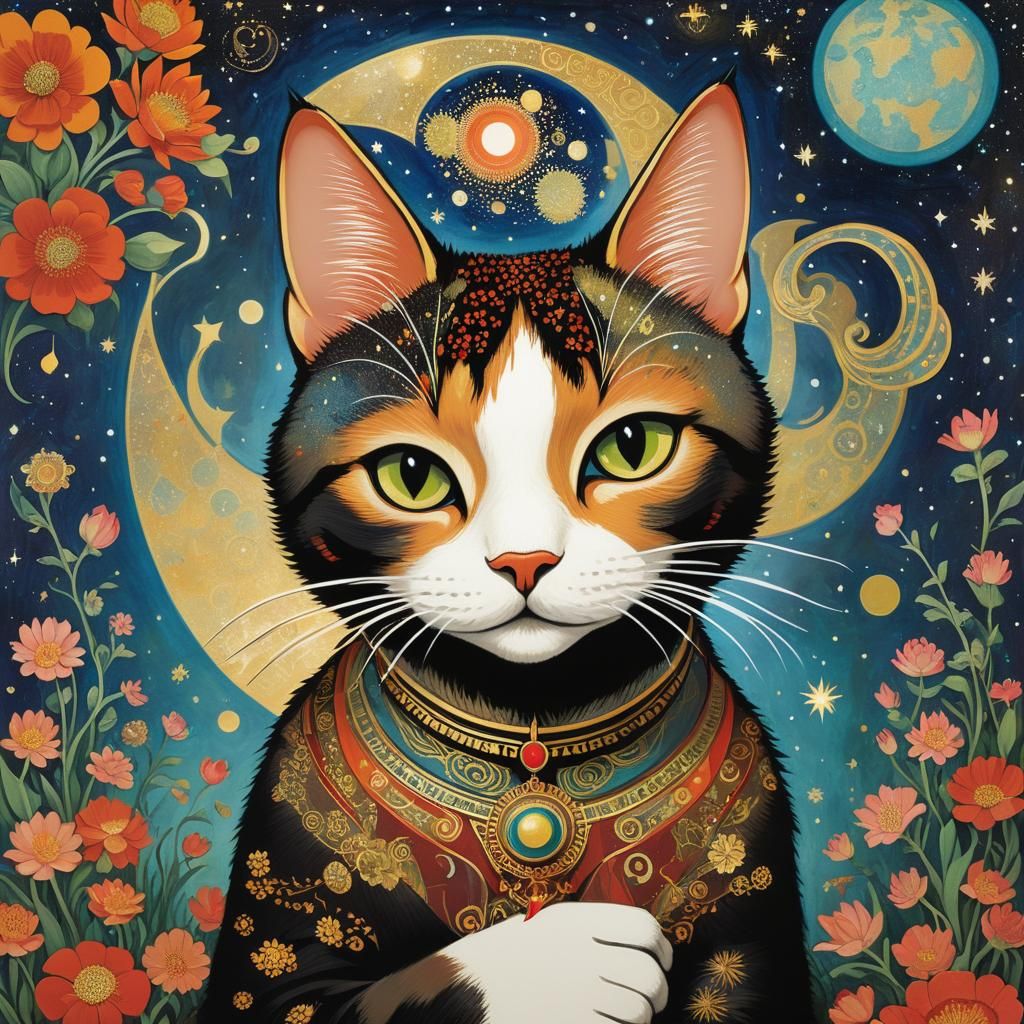 Cosmic Cat Musician: A Floral Masterpiece in Space