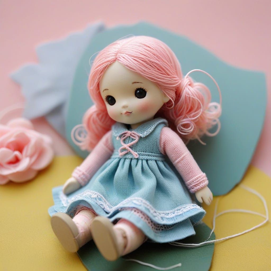 Whimsical String Sculpture with Pastel Pink Doll