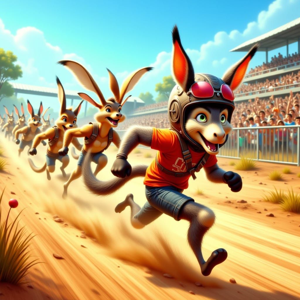 Boy with Donkey Ears Races Wombat-Squirrels in Comic Style