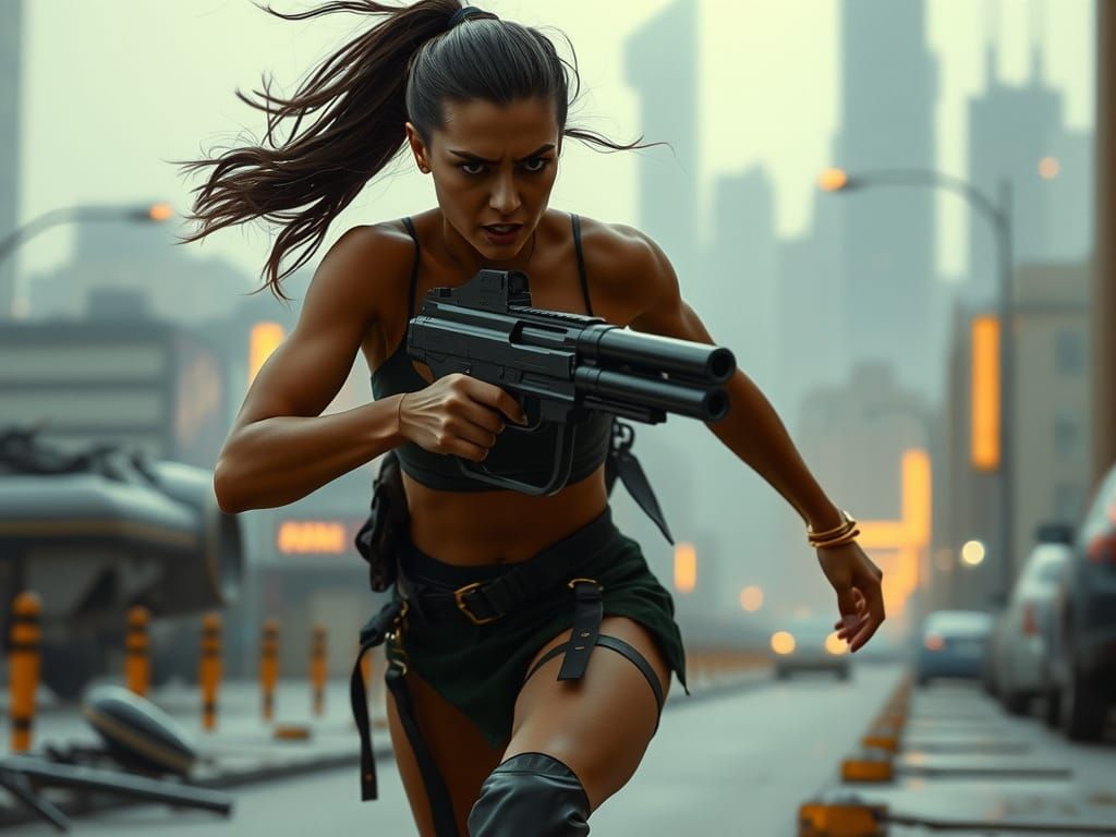 Futuristic Woman with Pistol in Epic Cityscape