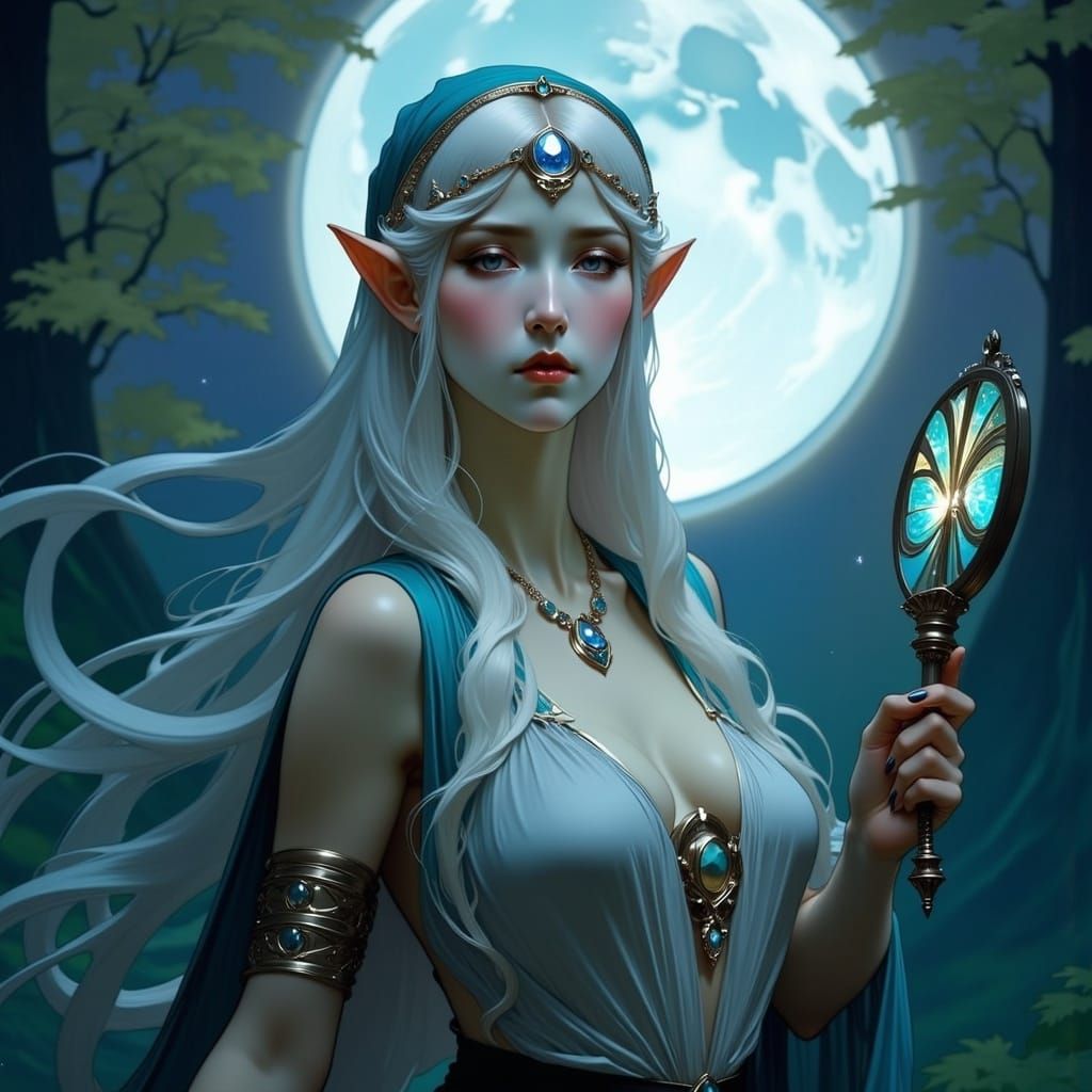 Elegant Elf Wizard in Moonlit Forest, Art Nouveau
