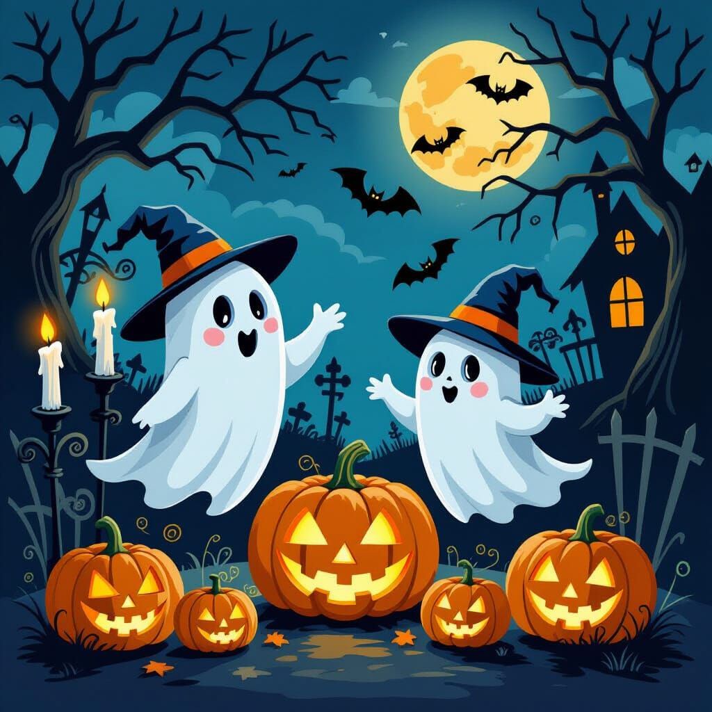 Vibrant Halloween Party With Ghosts and Pumpkins