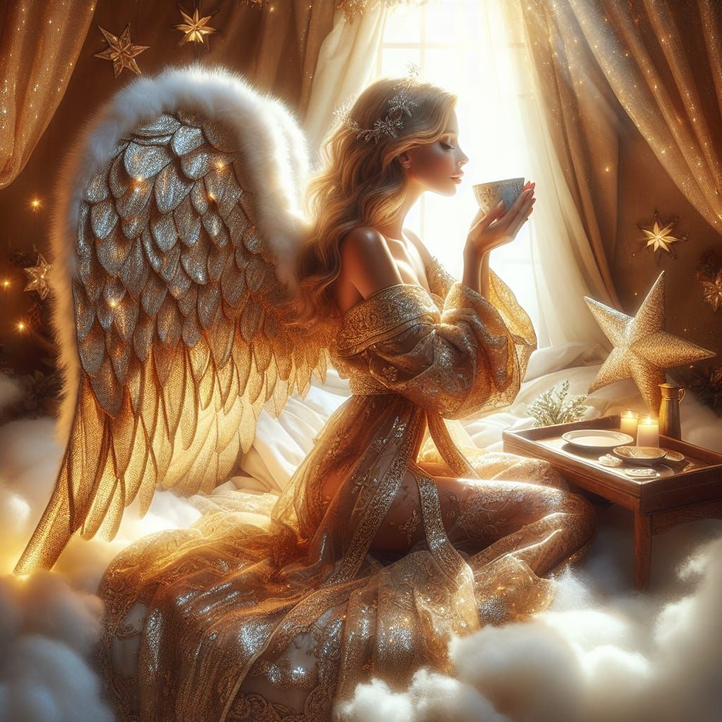 Christmas Angel Sips Coffee in Heavenly Abode
