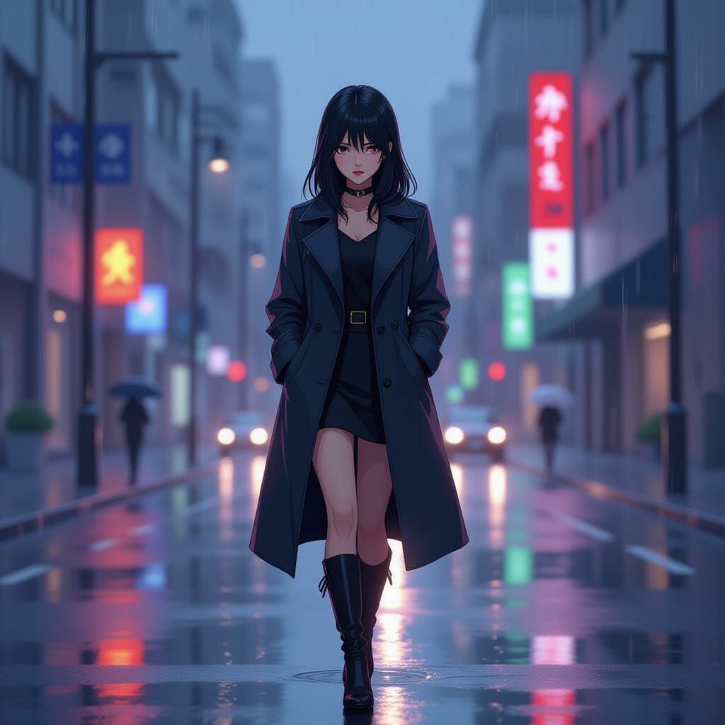 Sad Anime Woman Walks on Rainy City Street