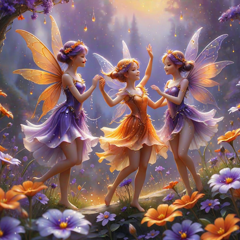 Whimsical Fairies Dancing Among Vibrant Flowers