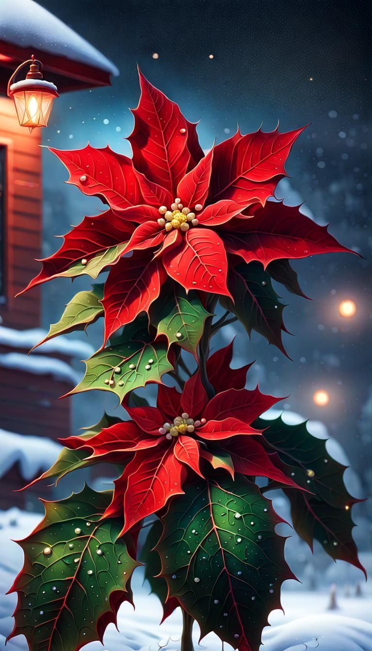 Magical Poinsettia with Dew Drops Under Snowy Sky