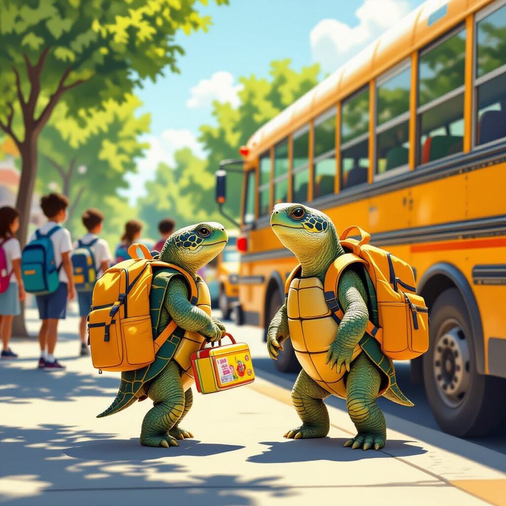 Tortoise Awaiting School Bus in Photorealistic Style