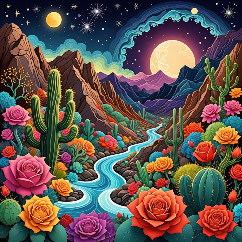 Psychedelic Fractal Canyon Landscape with Stars