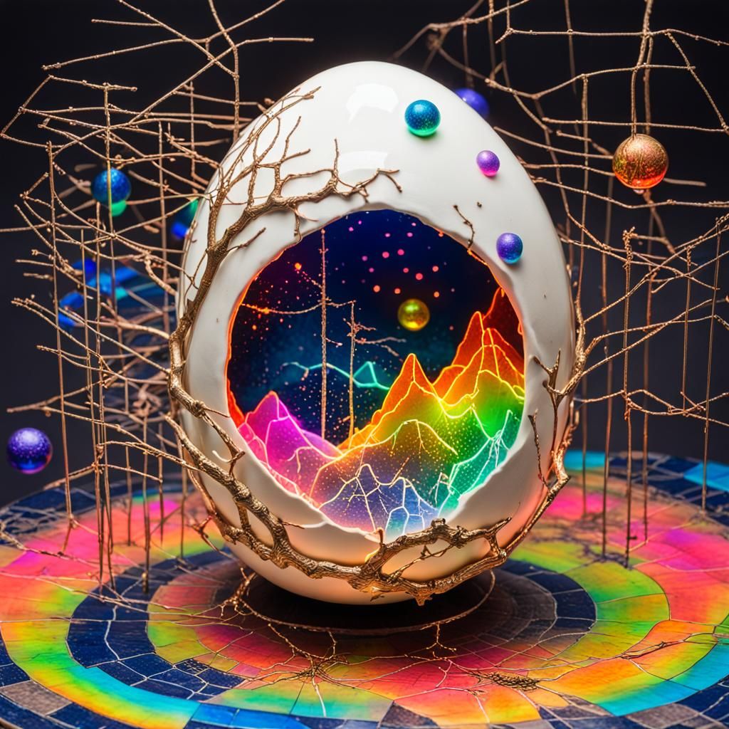 Kintsugi Egg Reveals Fantasy Ecosystem in Neon Circuitry
