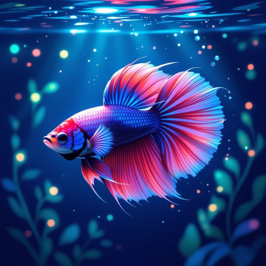 Vibrant Betta Fish with Flowing Fins in Ethereal Light