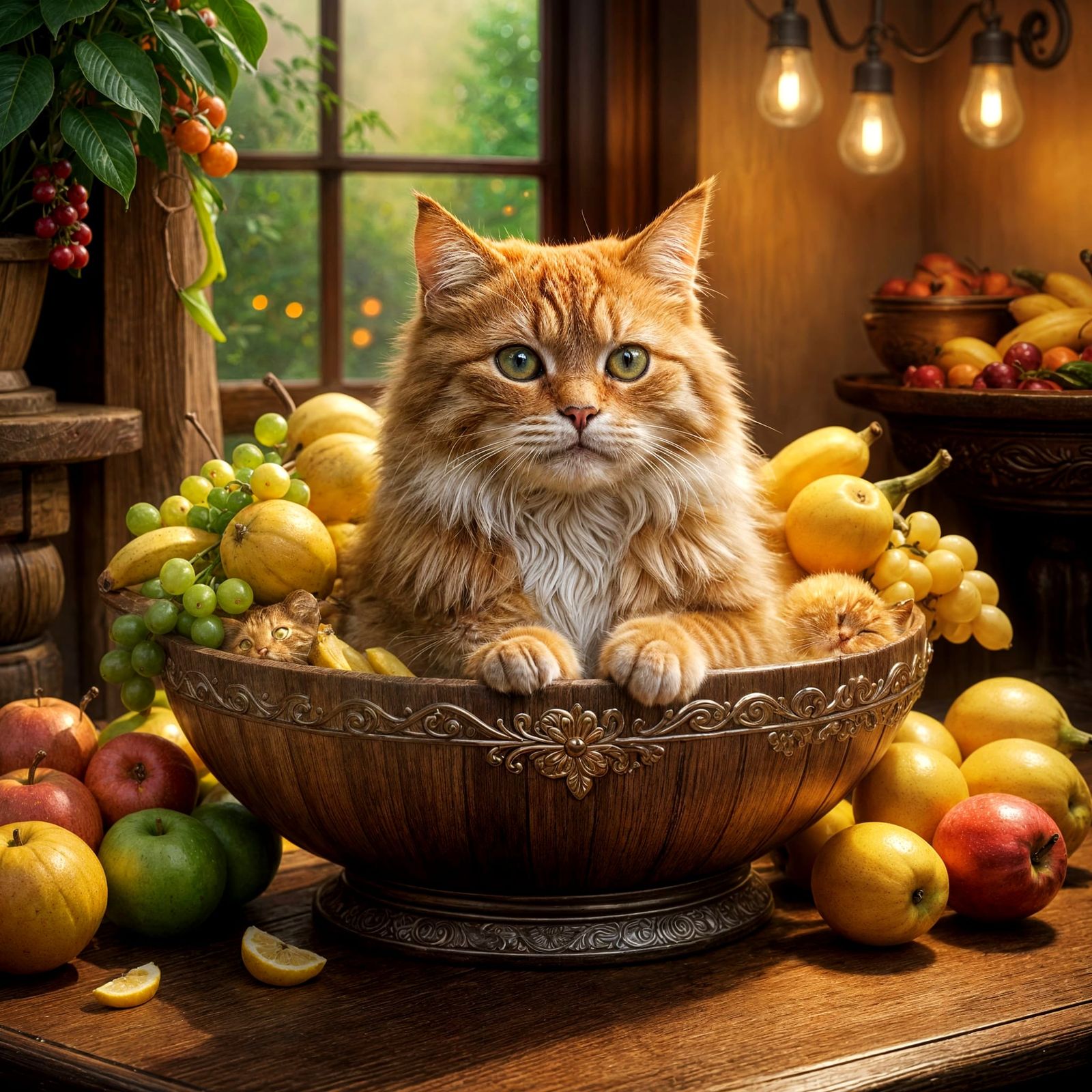Whimsical Marmalade Cat in a Fruit Bowl
