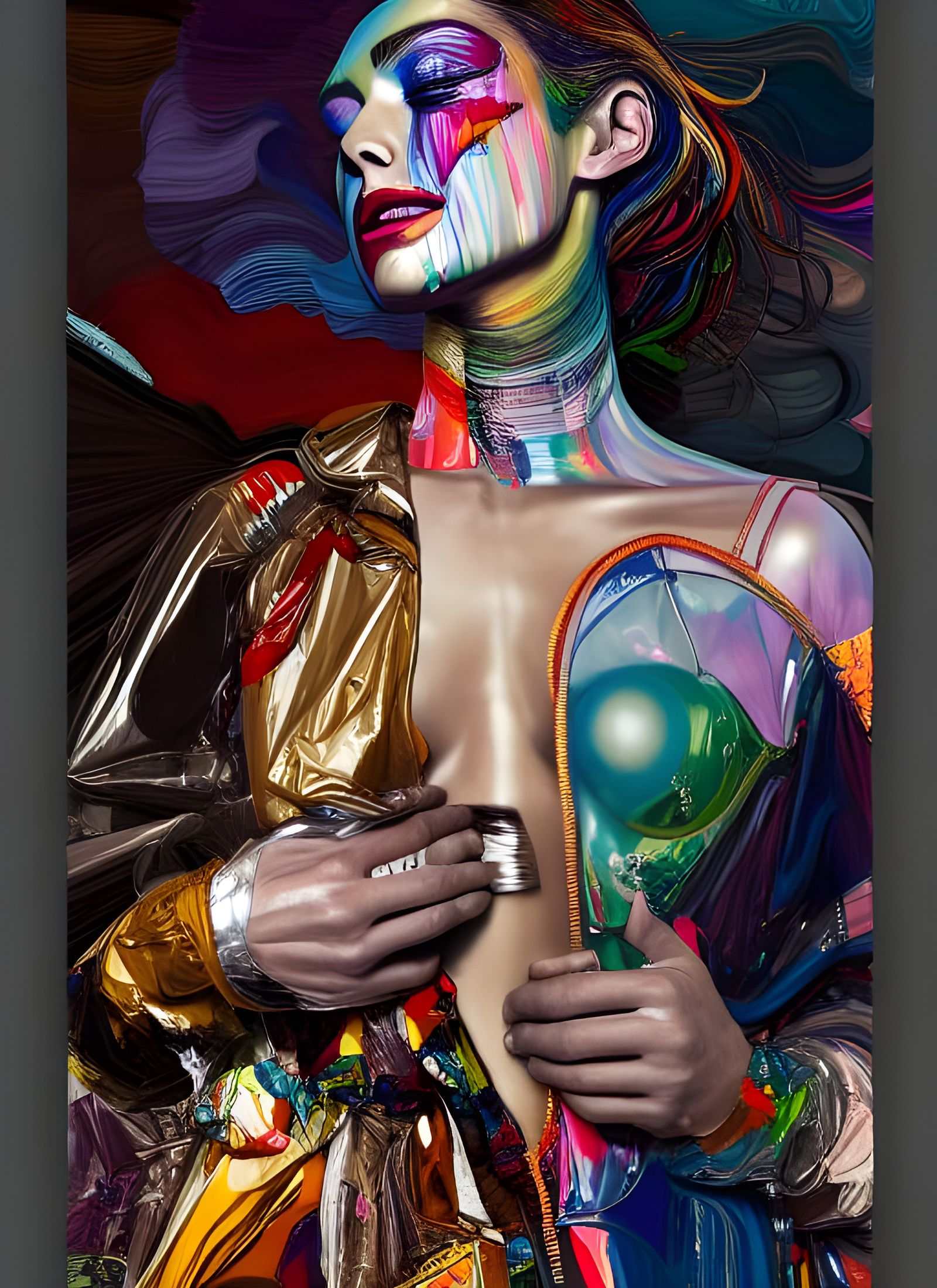 Joyful Figure in Technicolor Fabric, Hyperrealistic Painting