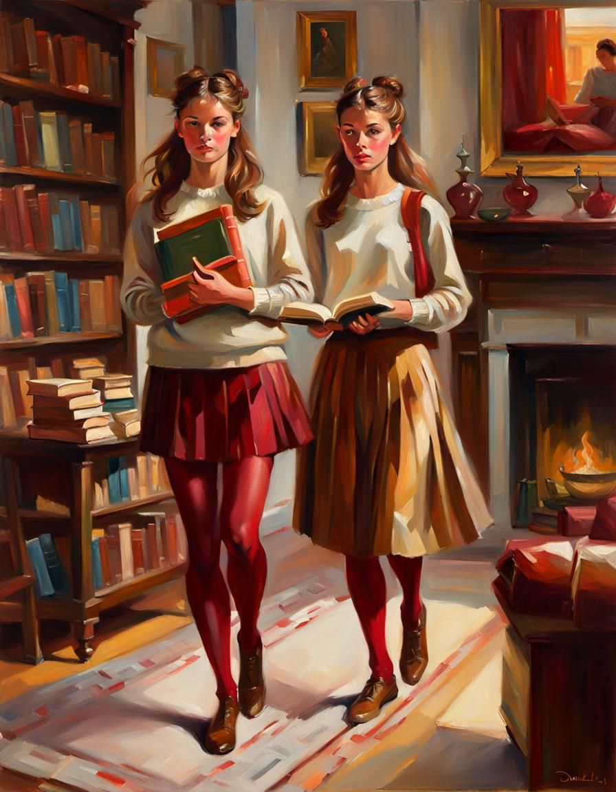 Teenage Girls in Living Room: Oil on Canvas
