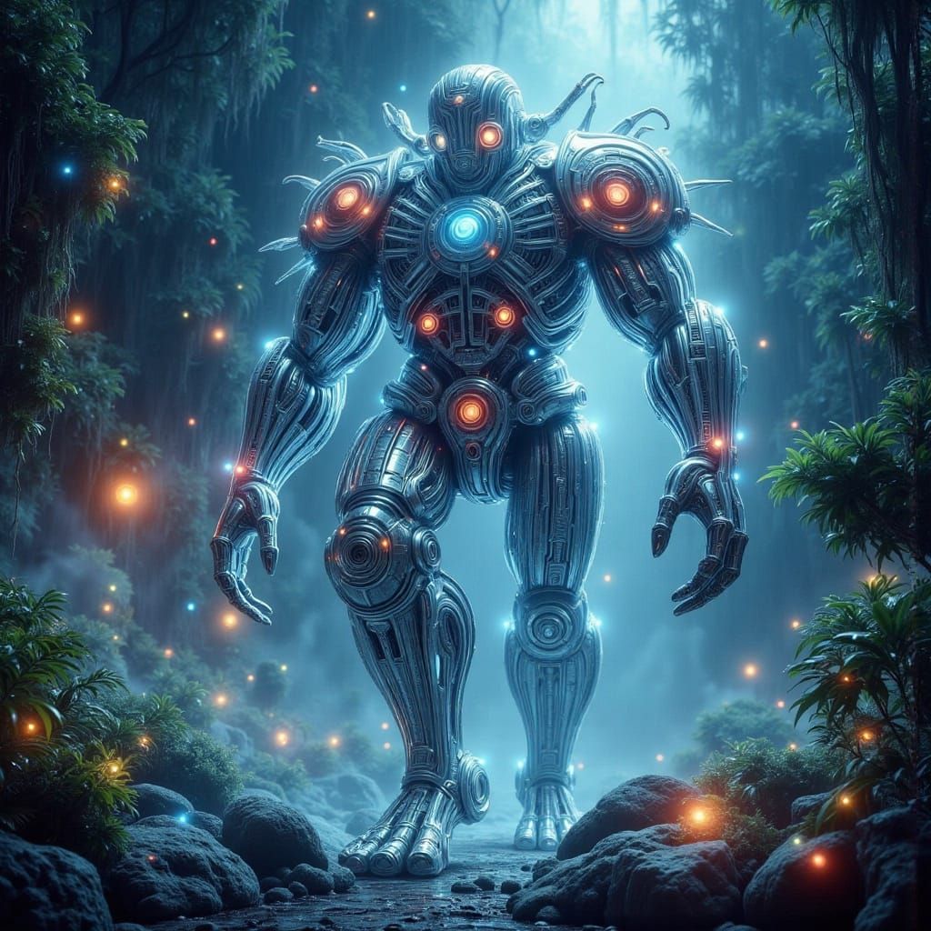 Cyberpunk Chrome Golem Amidst Bioluminescent Kelp Forest