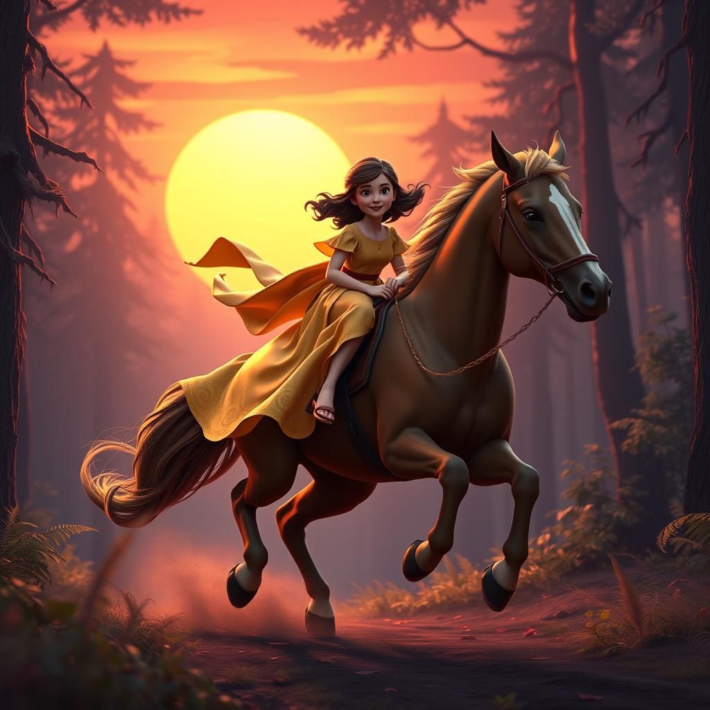 Girl on Horseback in Mystical Forest at Sunset