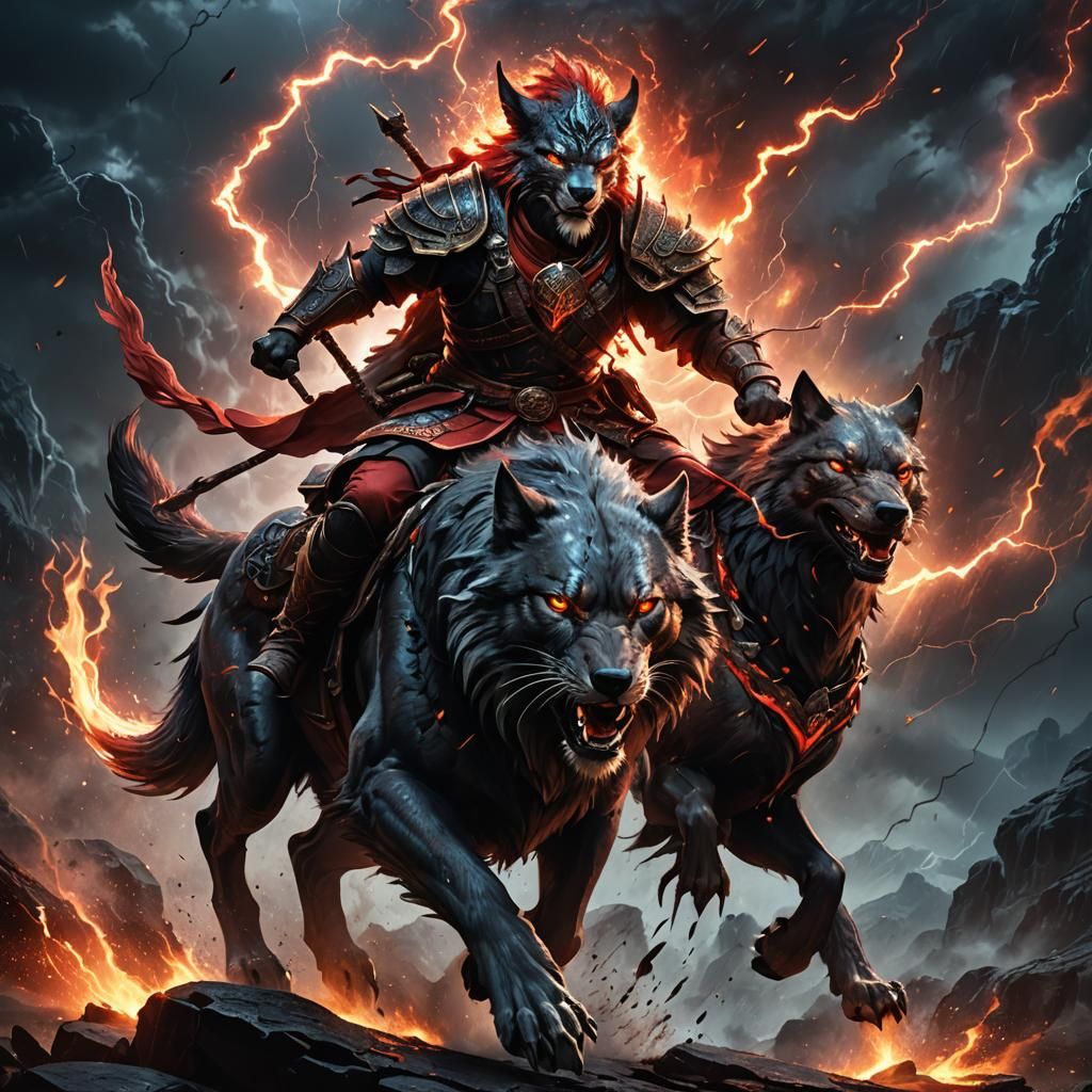 Avatar Warrior on Fantasy Wolf in Dark Lands