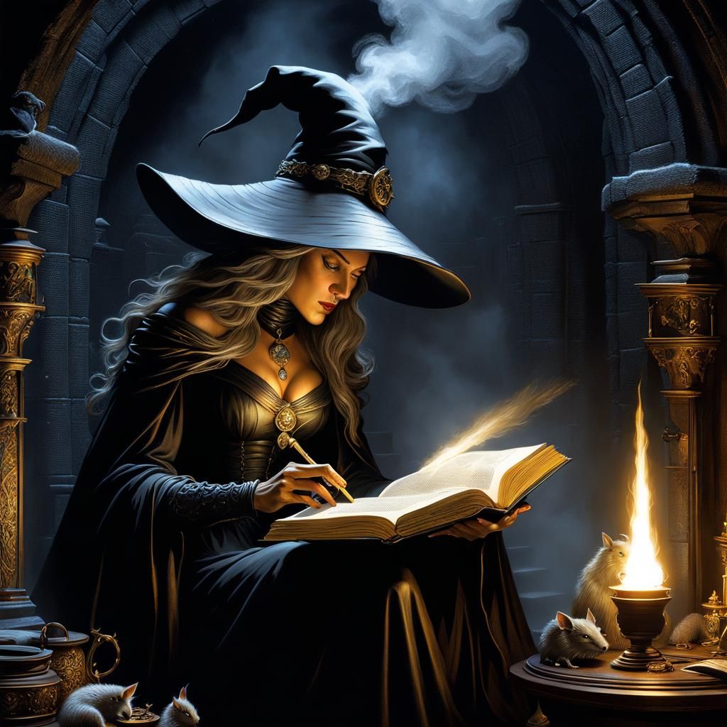 Witch Studying Spellbook in Dungeon, Digital Baroque