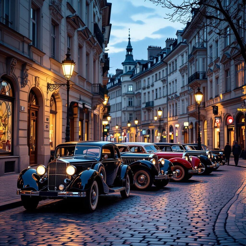 European Street Scene with Vintage Cars at Dusk