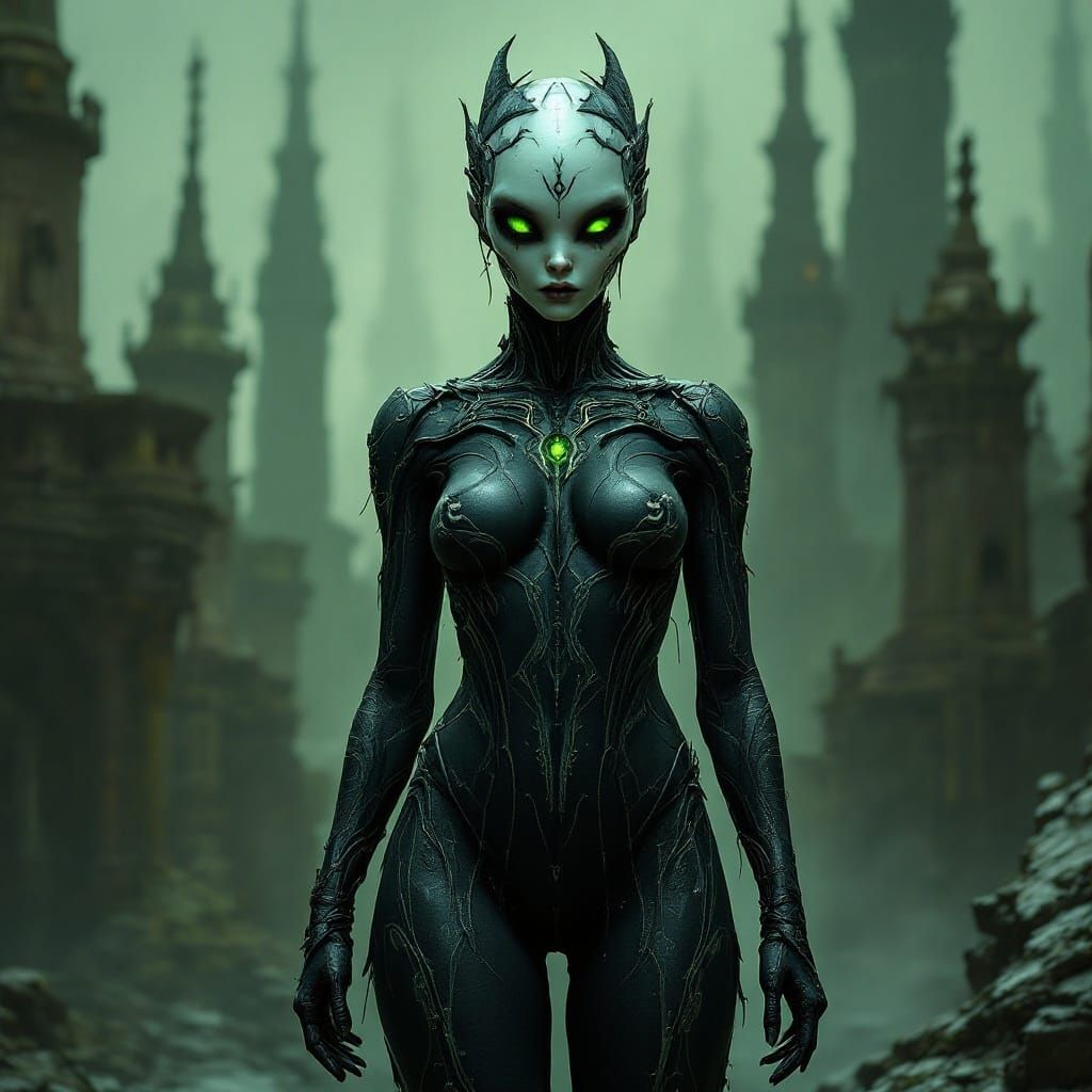 Ethereal Alien Goddess in Dark Dystopian Landscape