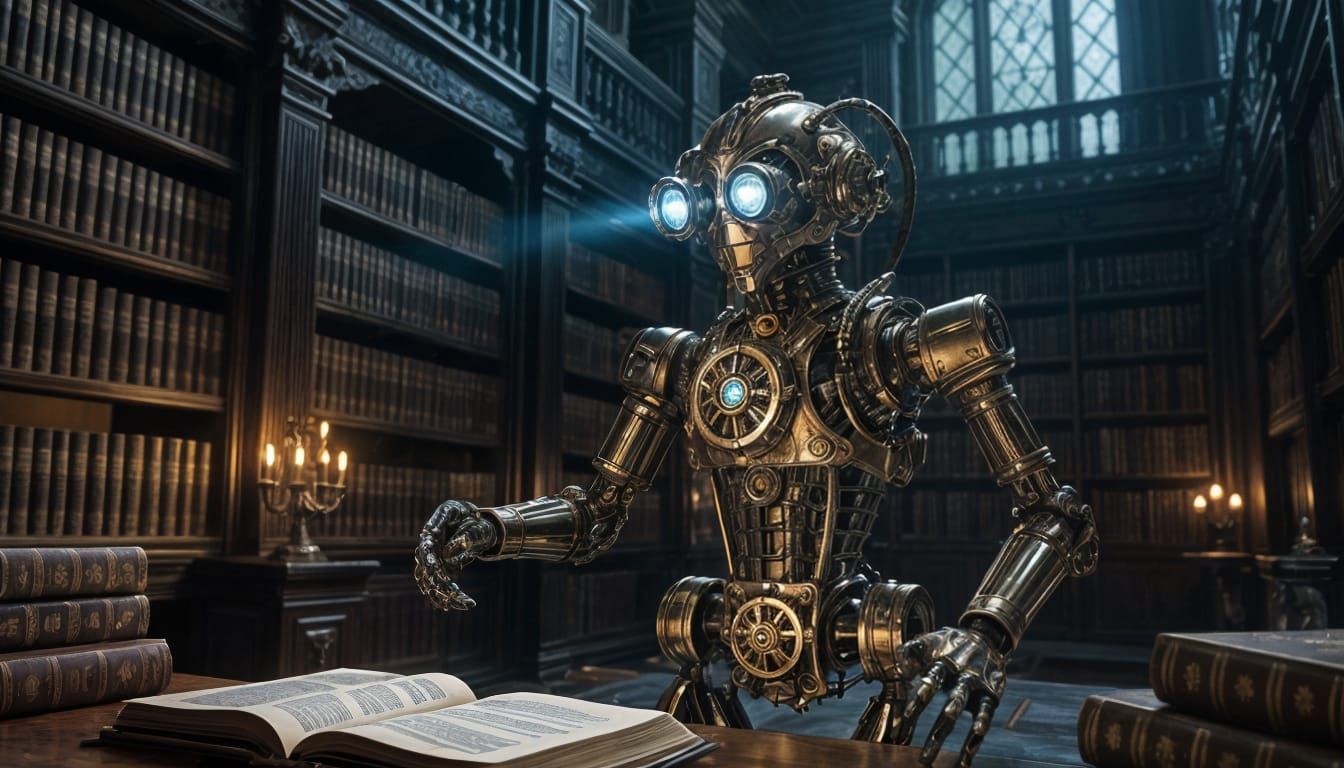 Victorian Brass Automaton in Ancient Library