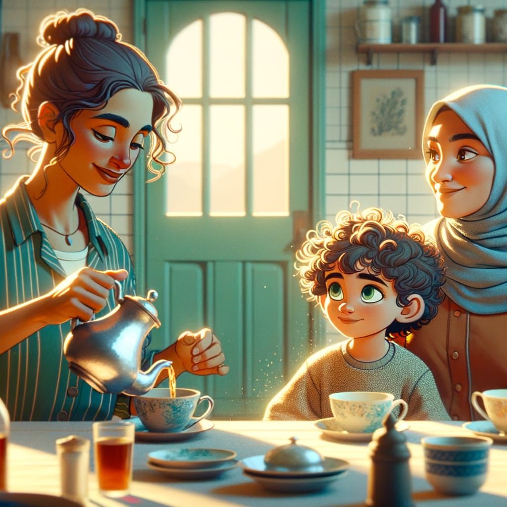 Whimsical Family Scene in Early 20th Century Animation Style