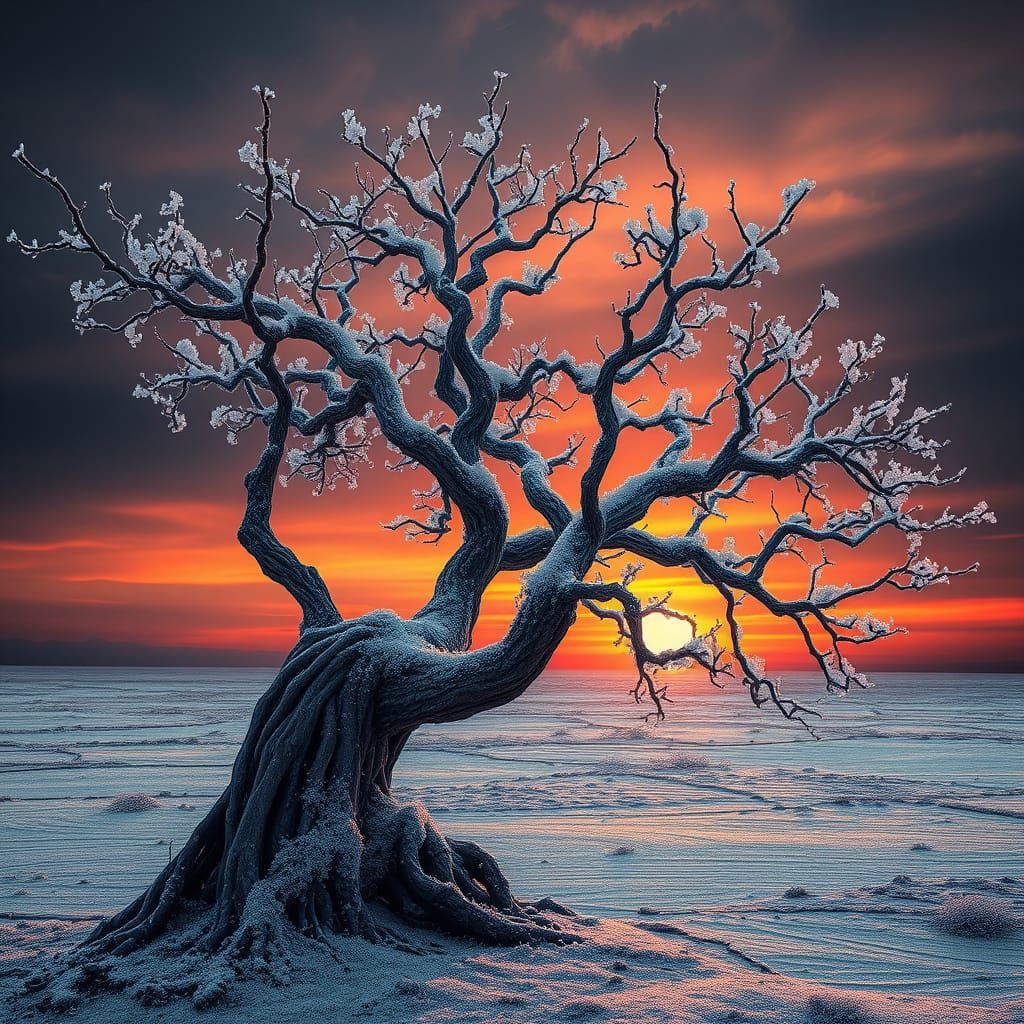 Bruised sunset bleeds across a cracked, obsidian sky, castin...