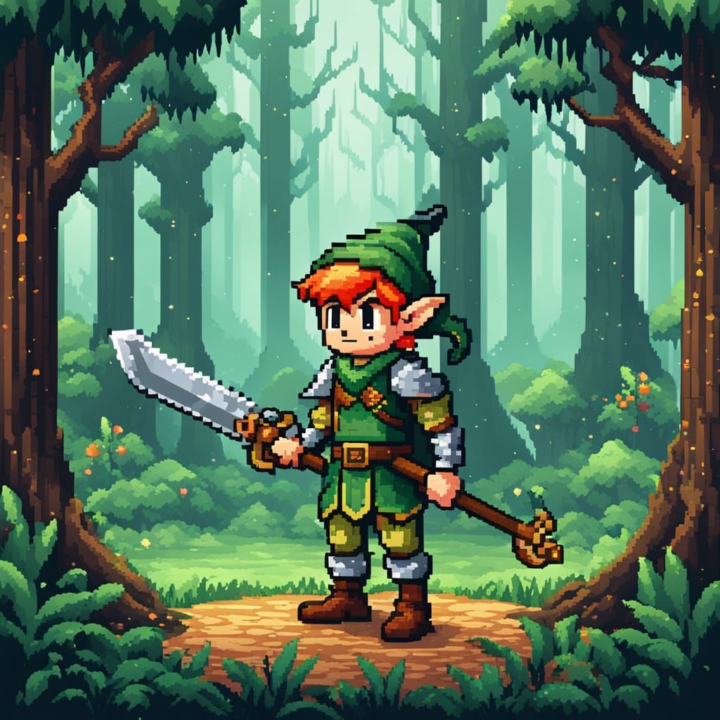 Pixel Art Retro Elf Warrior Boy in Whimsical Forest