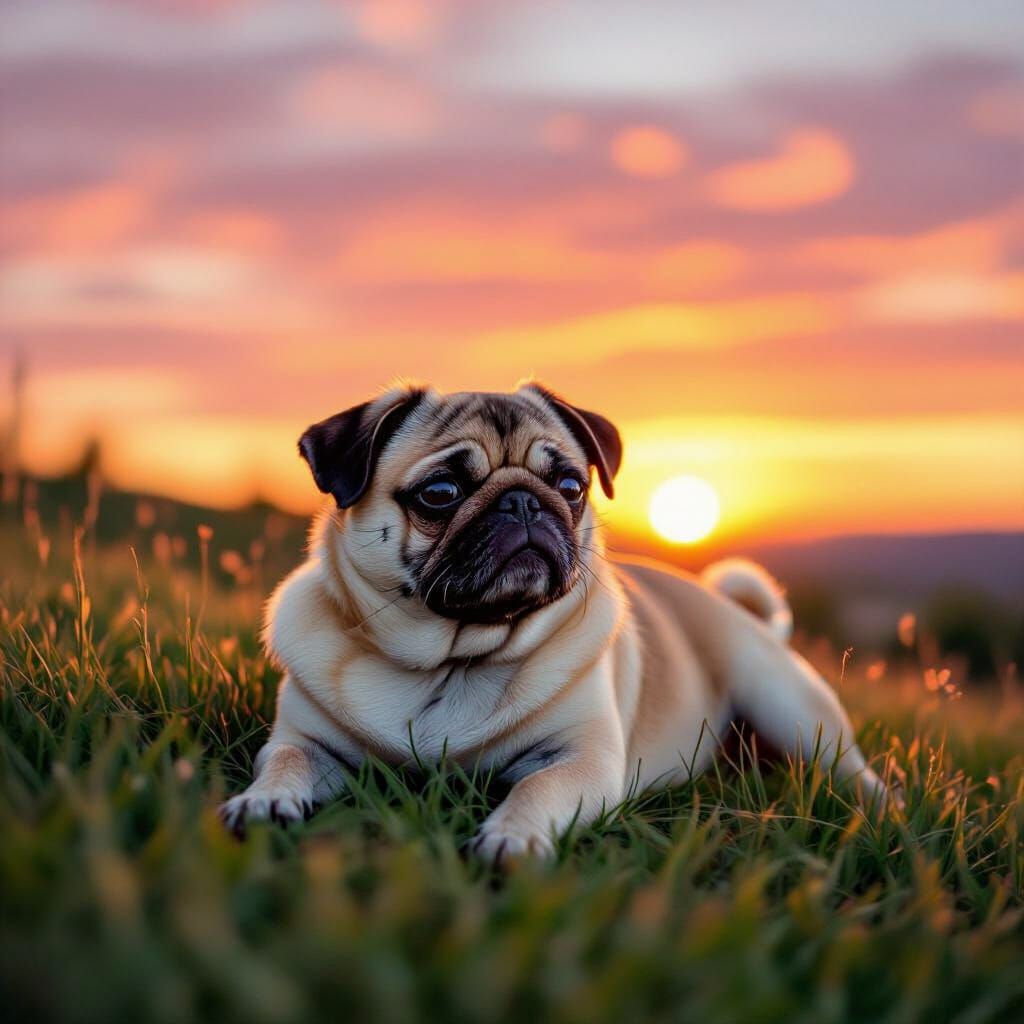Pug Relaxing in a Vibrant Sunset