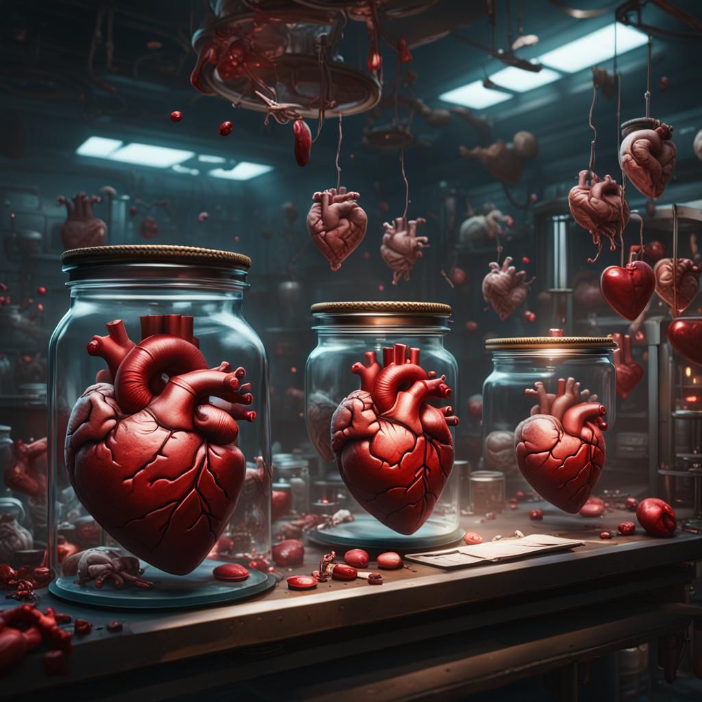 Anatomical Hearts Floating in Jars: Detailed Matte Painting