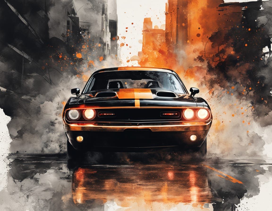 Black Dodge Challenger Hellcat Emerges from Ink Splash