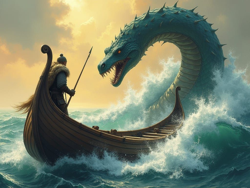 Viking Warrior Battles Monstrous Sea Serpent in Epic Longboa...
