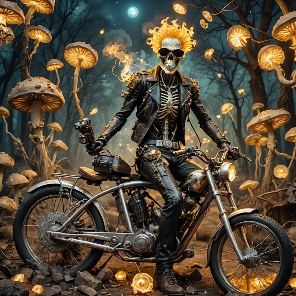 Surreal Ghost Rider SpongeBob Photographing Van Gogh Mushroo...