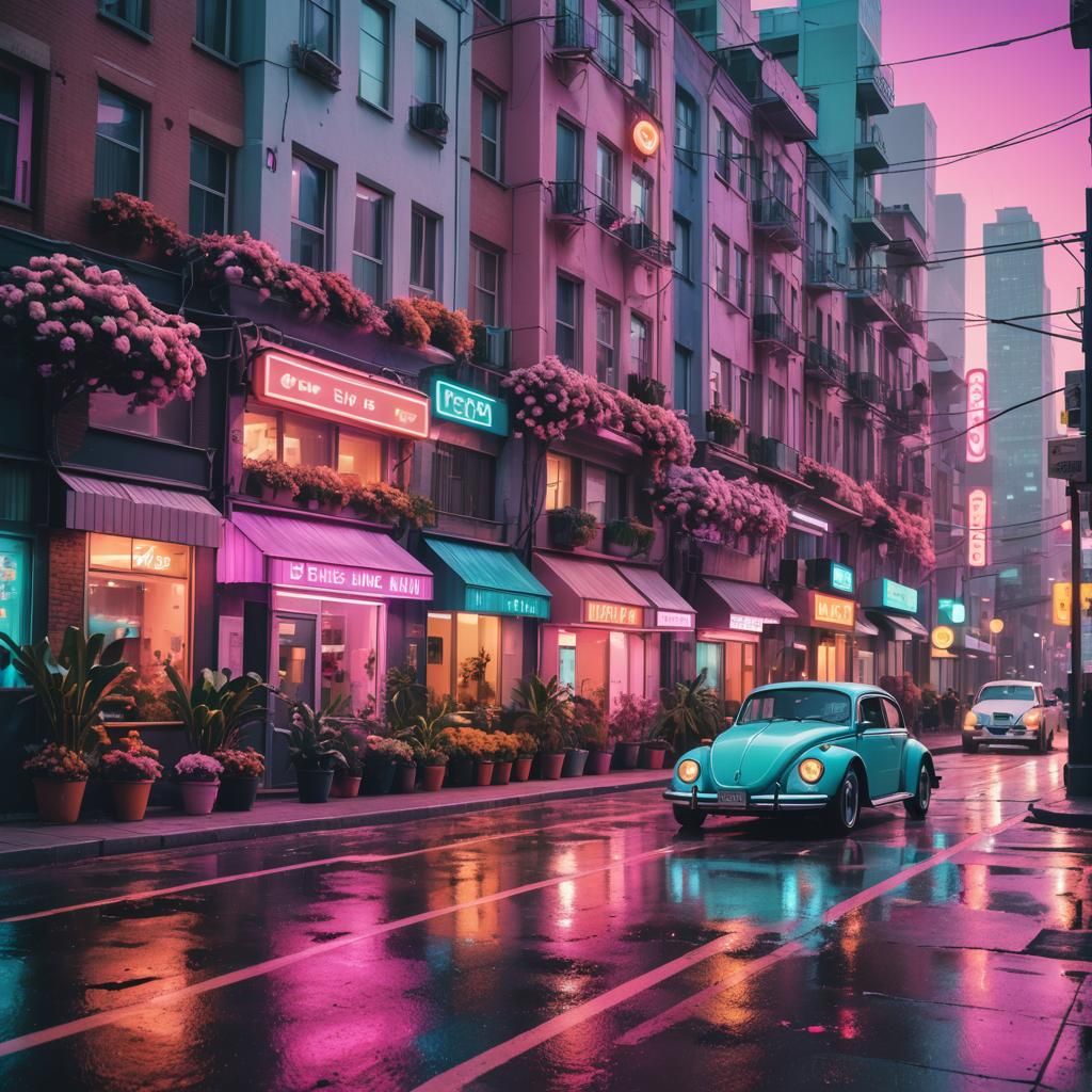 Dreamlike Retro-Futuristic Street Scene with Neon Glow