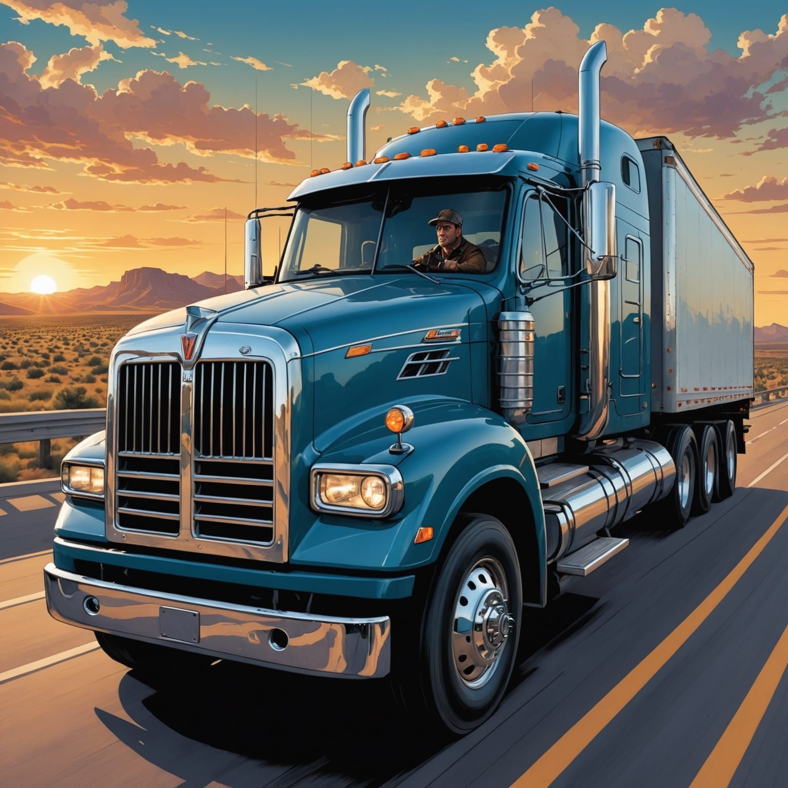 Truck Driver on American Highway, Inspired by Comic Book Art