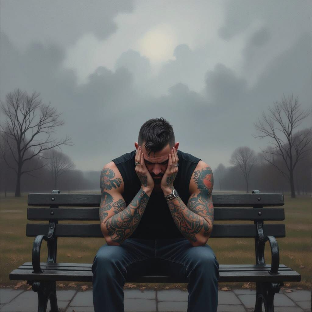 Man on Park Bench in Realistic Oil Painting Style