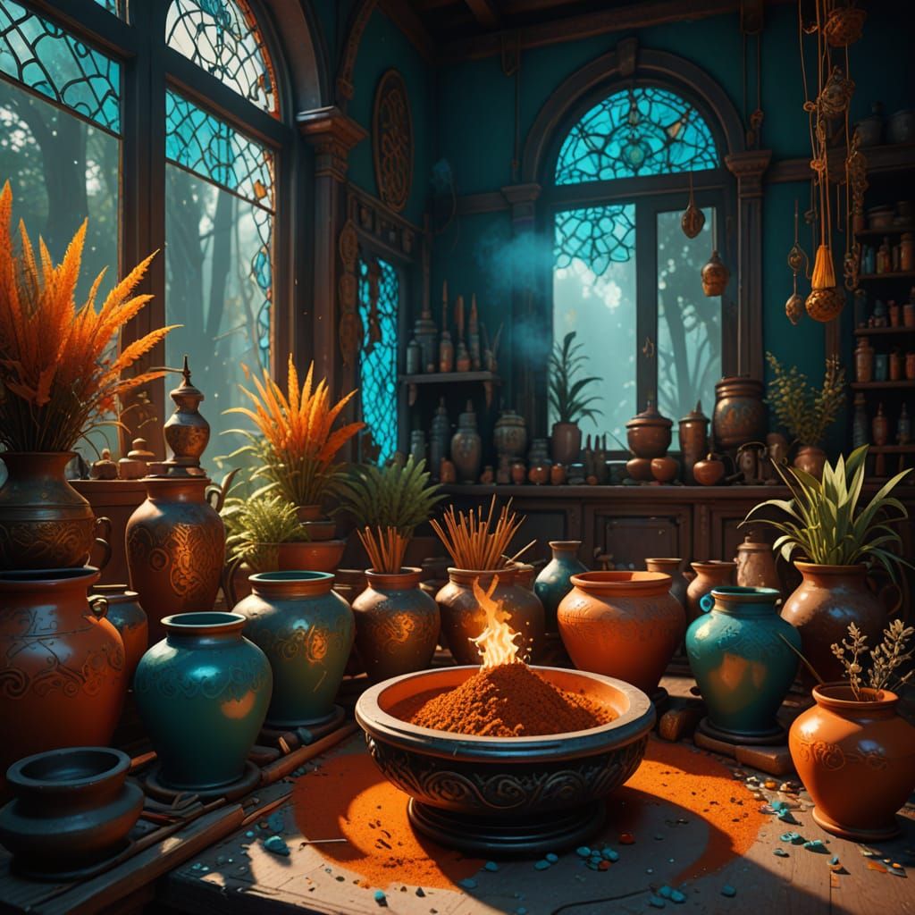 Incense Workshop Interior in Primary Colors