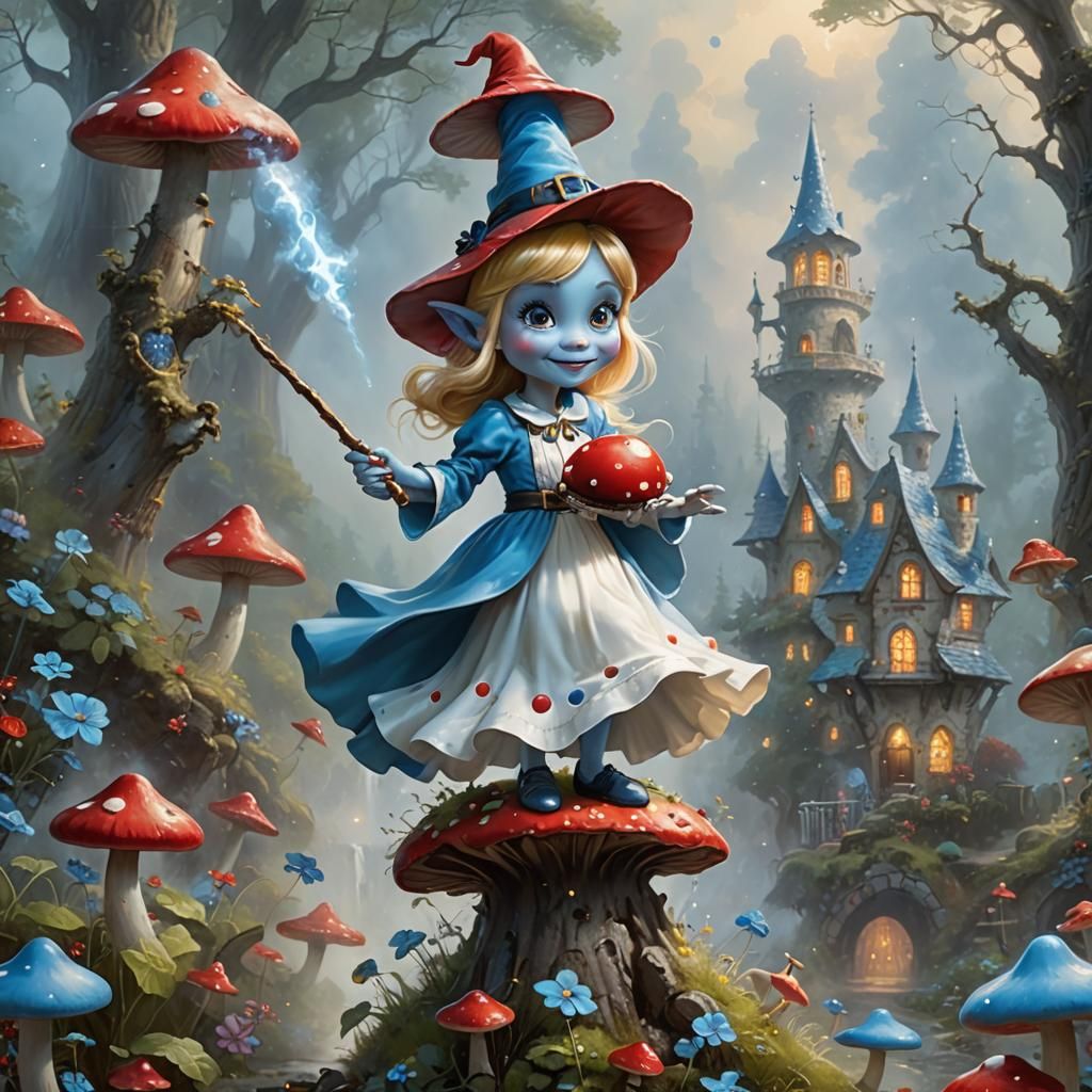 Smurfette Witch on Mushroom, Ethereal Fantasy Art