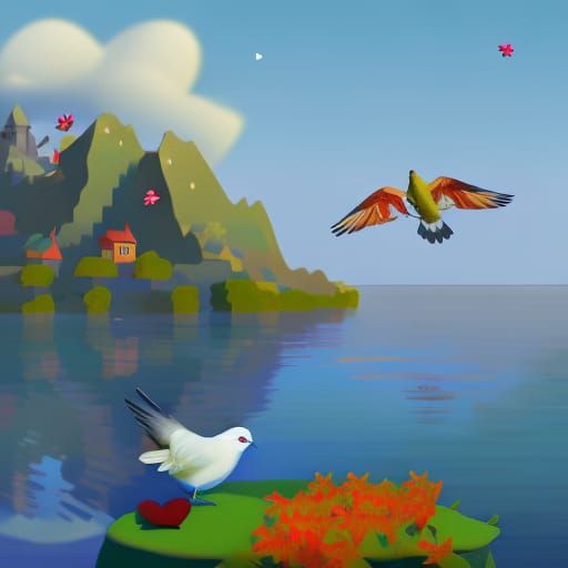 Dream World with Pigeons and Flowers, Detailed Painting