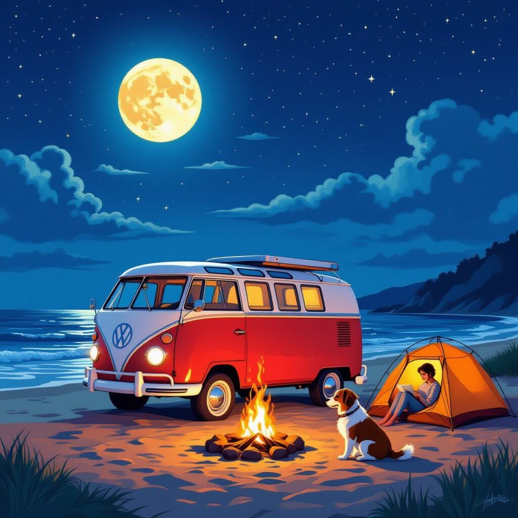 Retro VW Camper Van on Beach Under Moonlight