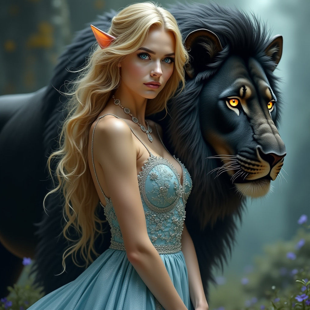Woman Elf with Lion in Ethereal Style
