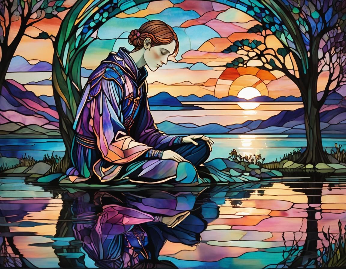 Stained Glass Illustration: Reflective Moment by Lake