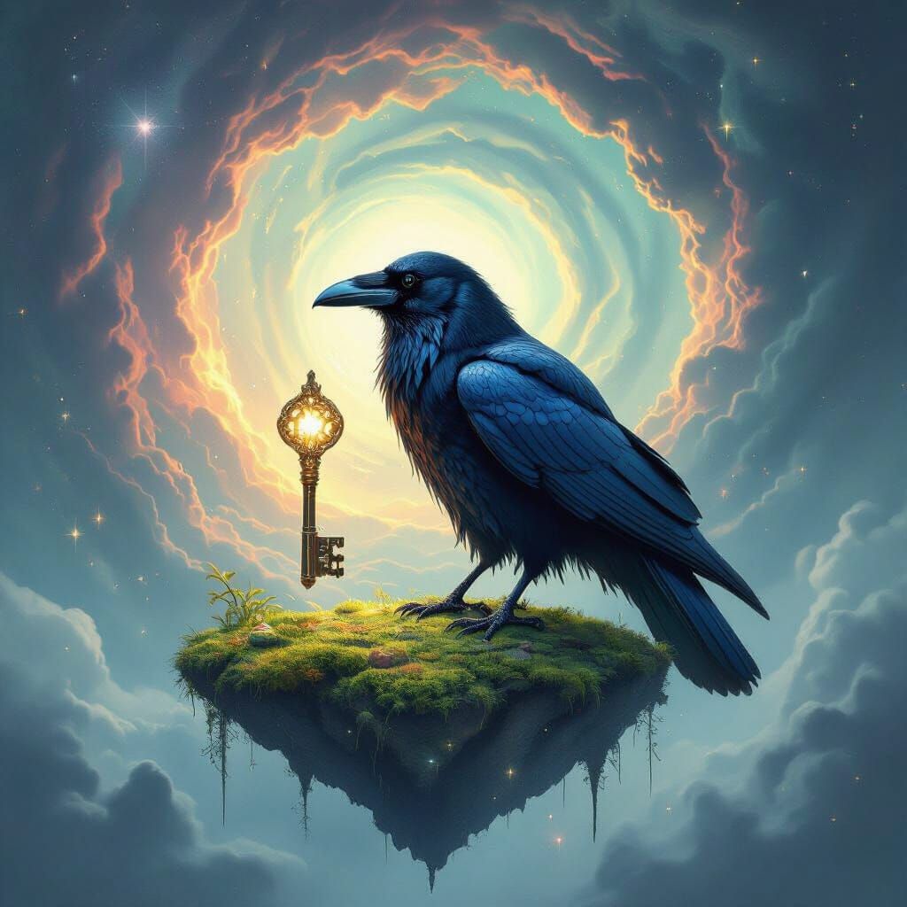 Majestic Raven with Key on Floating Island in Surreal Sky