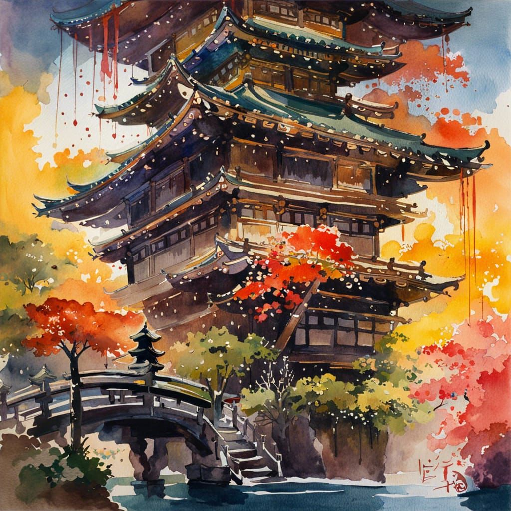 Samurai Toad at Pagoda in Watercolor Style