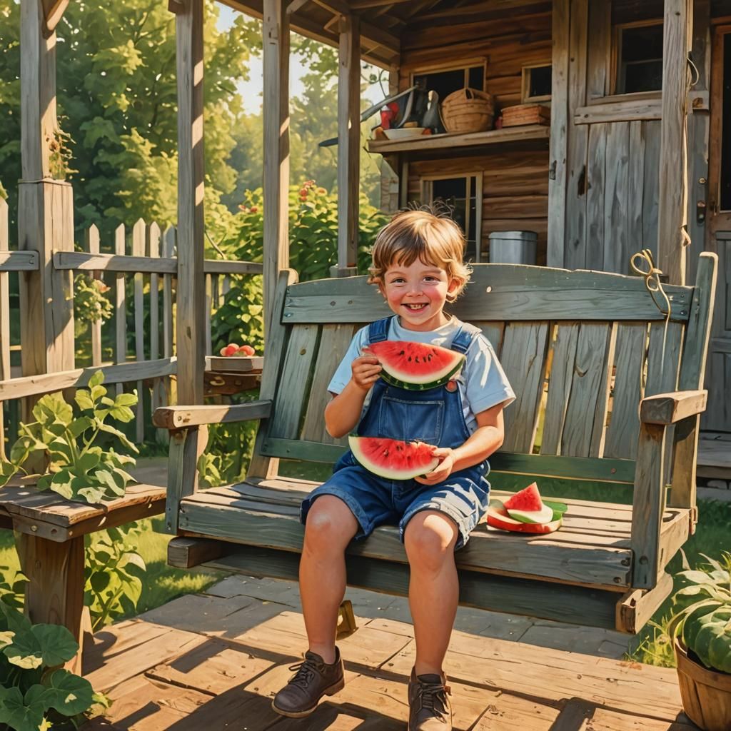 Childhood Summer: Watermelon on a Folk Art Porch