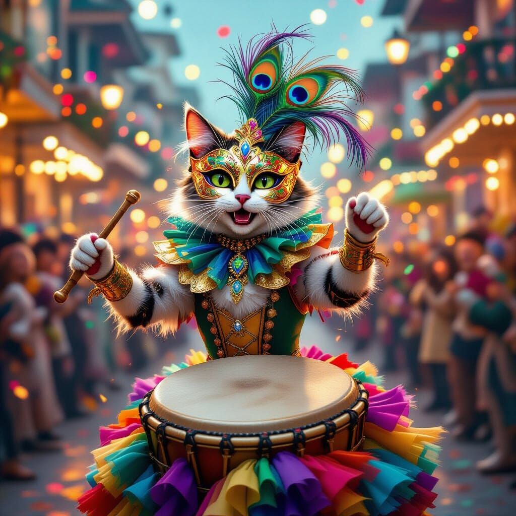 Joyful Cat in Mask at Mardi Gras Celebration