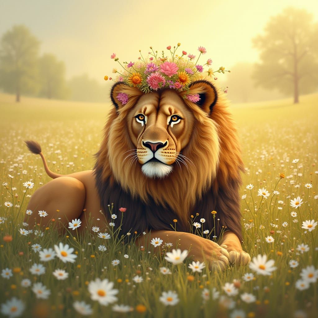 Majestic Lion with Wildflower Mane in Daisy Field