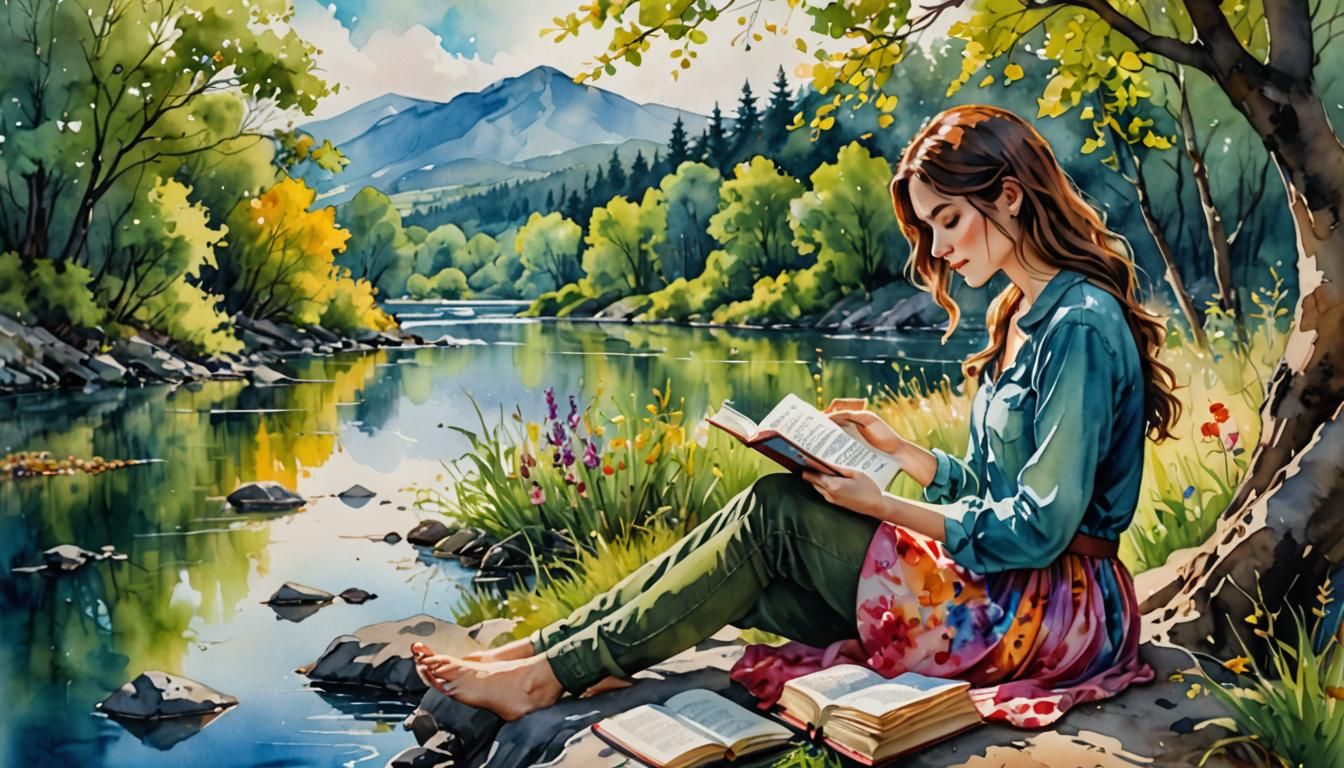 Girl Reading Poetry by Riverbank in Watercolor