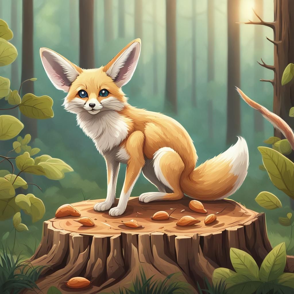 Fennec Fox on Tree Stump in Forest Clearing