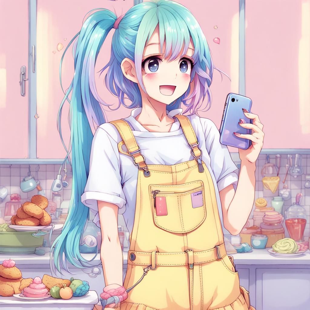 Colorful Manga Girl with Rainbow Hair and Food Jewelry