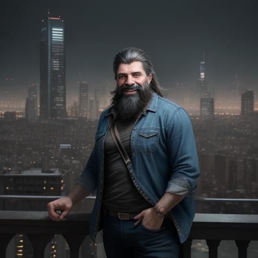 Man with Beard Smiles in Futuristic Cityscape